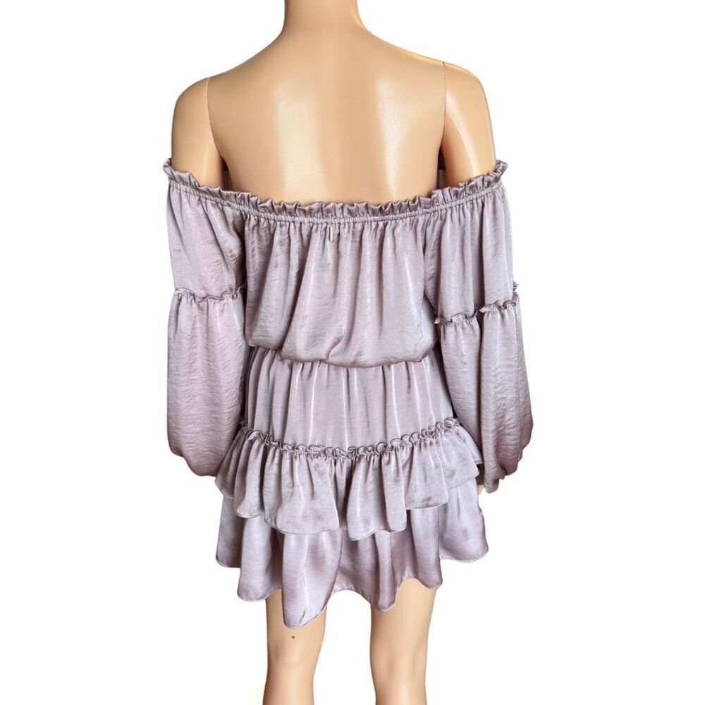 MISA Los Angeles Romi Mauve Satin Tiered Off Shoulder Mini Dress Coquette Boho - Picture 5 of 7